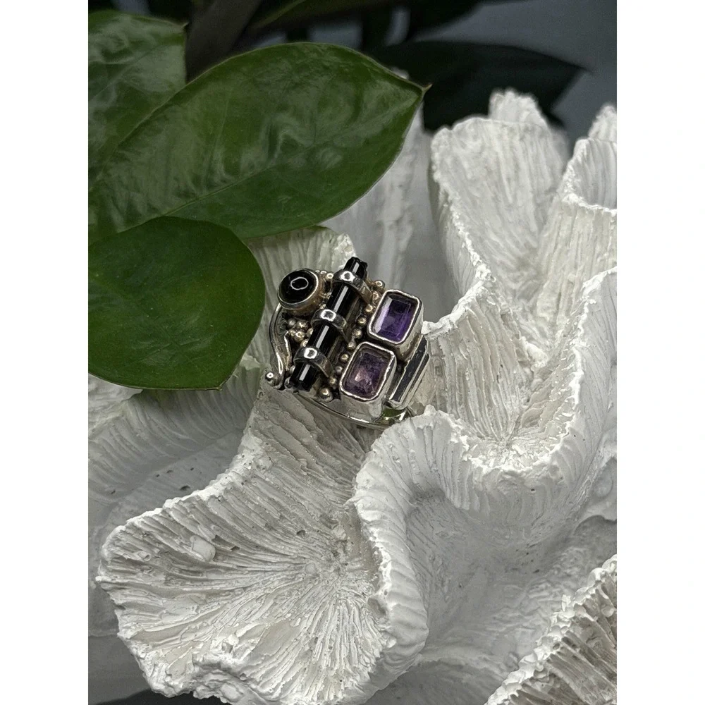 Unique Design Vintage 925 Sterling Silver Amethyst, Onyx & Peridot Ring Size 7